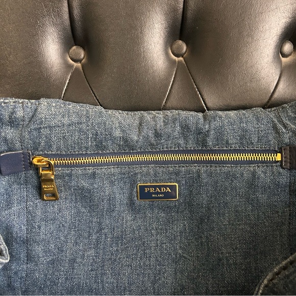 Auth PRADA Canapa Blue Denim Tote Bag gold hardware rolled handle 16”W 11”D 10”H - Picture 8 of 13